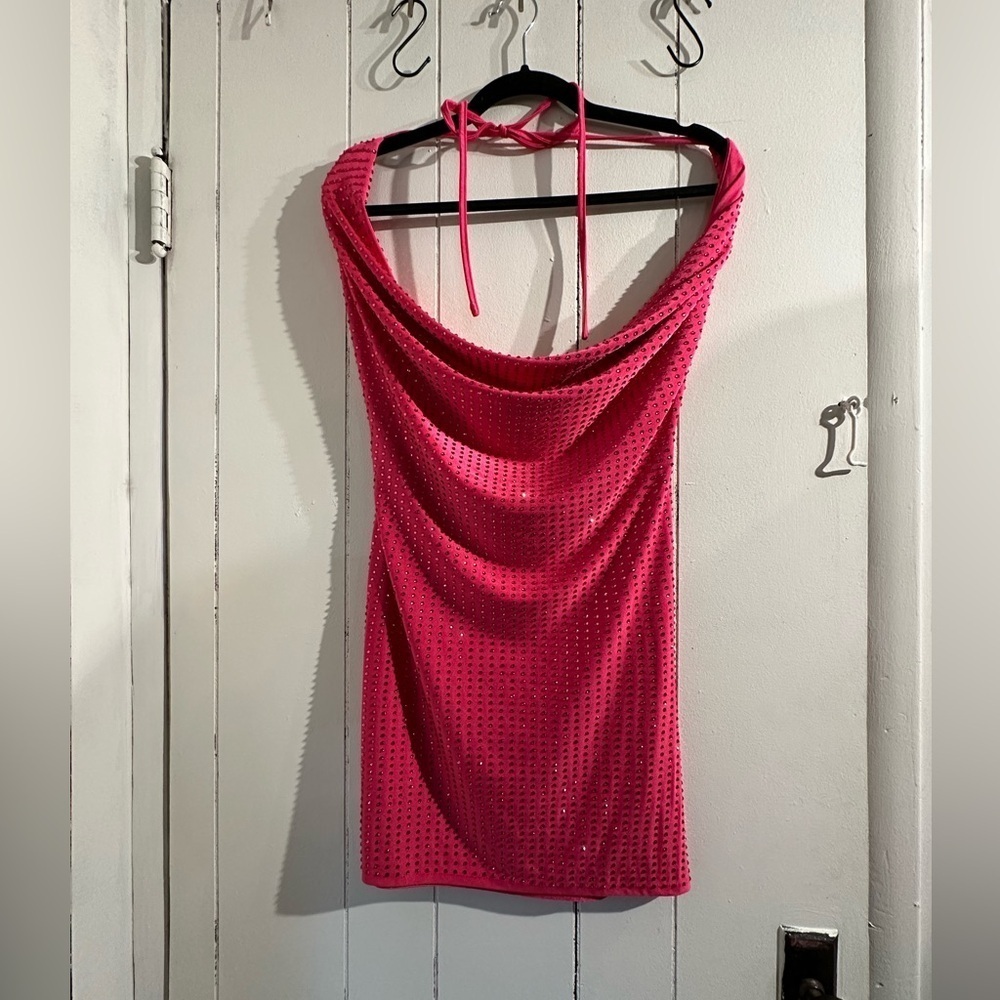 AKIRA Pink rhinestone plunging neck bodycon dress